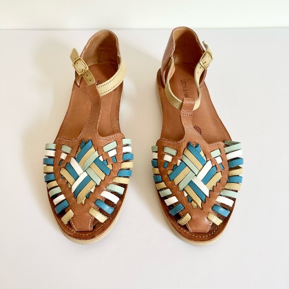 Leon & Harper Boho Genuine Leather Turquoise Sandals Earthy Goblincore Natural - Picture 3 of 6